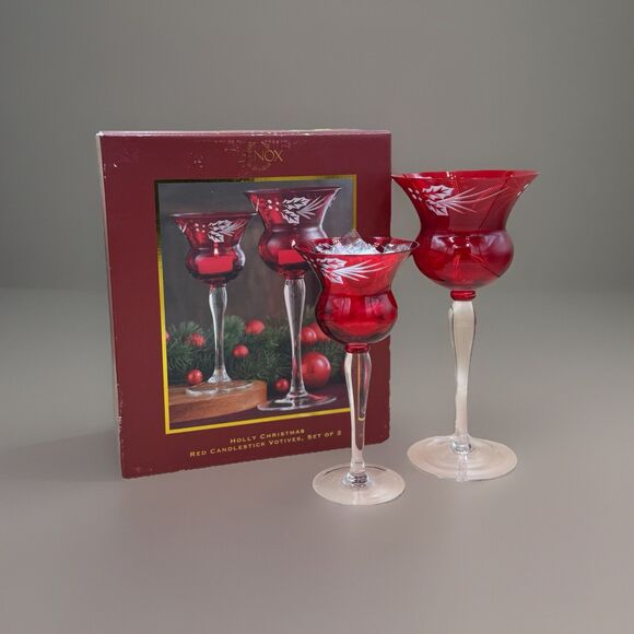Lenox Holly Christmas Red Candlestick Votives Set Of 2 W/ Box, Etched Glassware - Picture 7 of 7